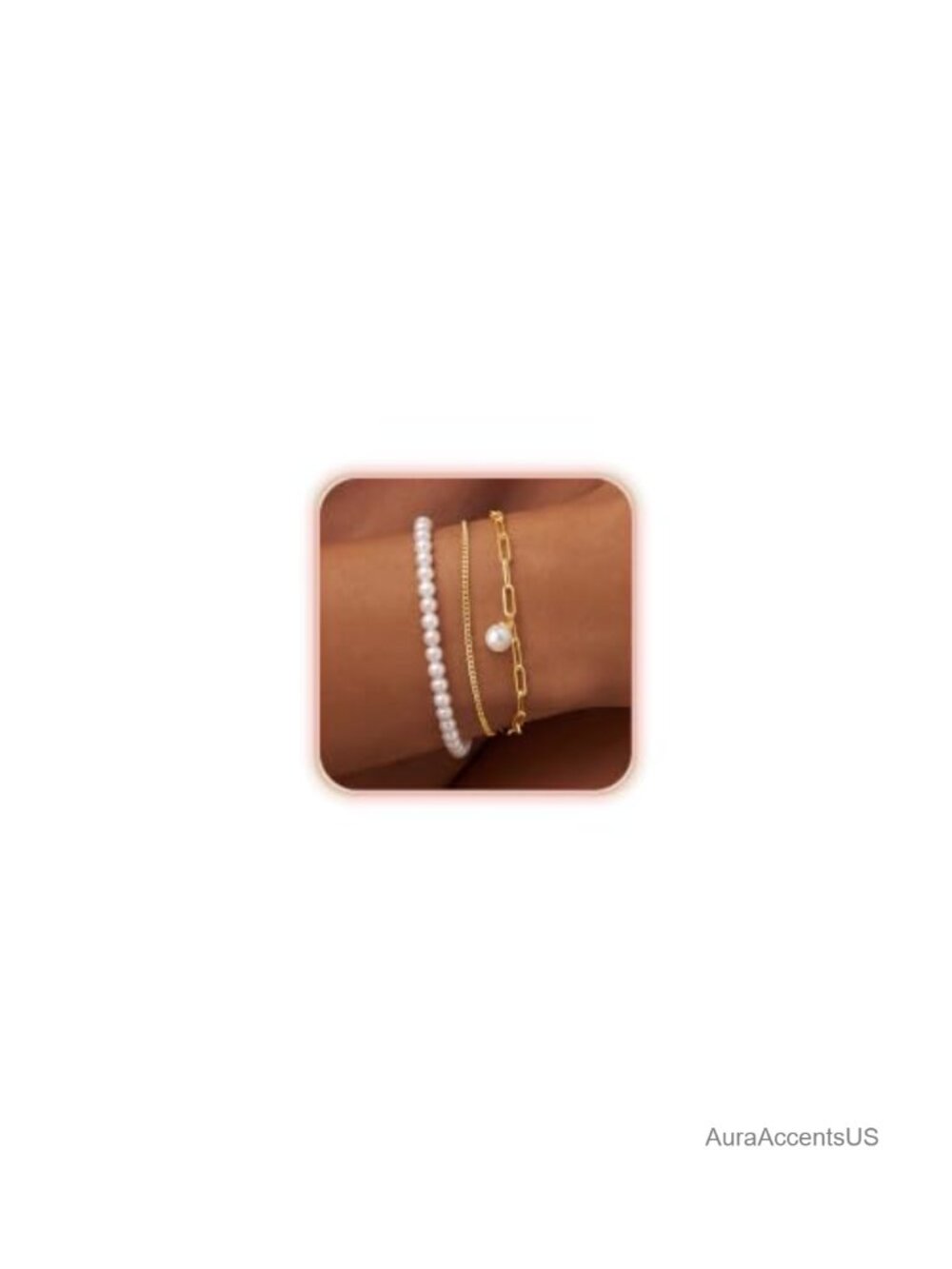 14K Gold Plated Pearl Bracelet Set for Women - Dainty Chain Stackable Beach